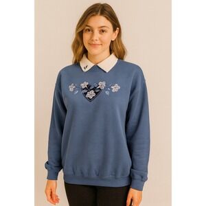 TOP STITCH by Morning Sun Blue Embroidered Heart Floral Collared Sweatshirt Med